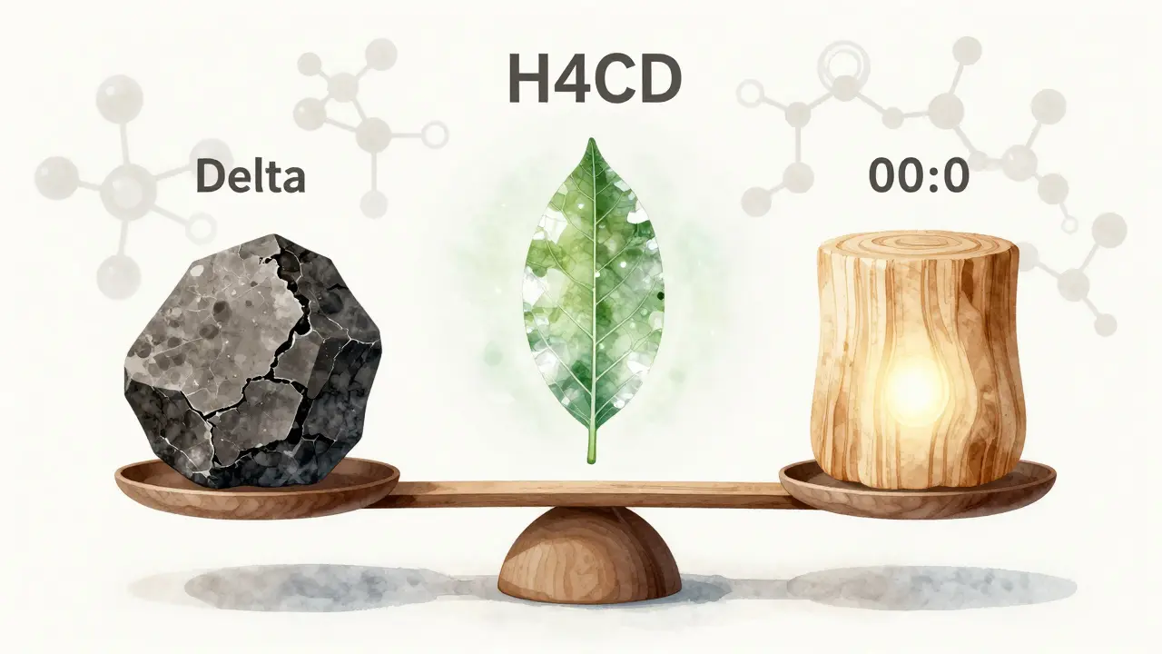 Waage mit Delta-9, Delta-8 und H4CBD, jeweils als unterschiedliche Materialien dargestellt.