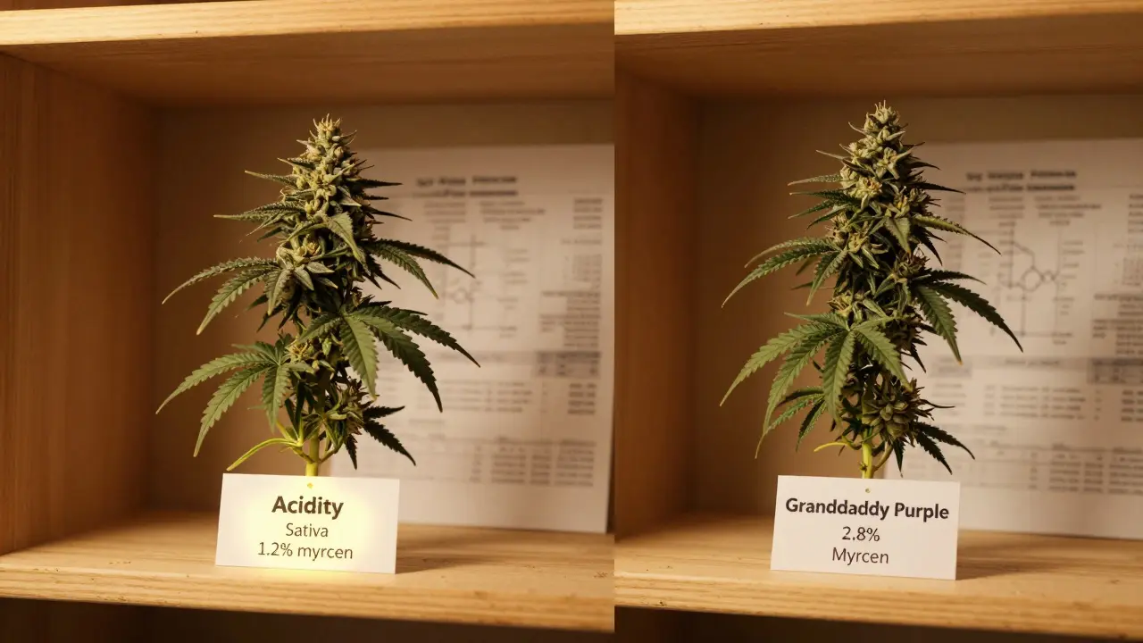 Zwei Cannabis-Sorten mit Myrcen-Konzentrationen und Laborzertifikaten auf Holzregal
