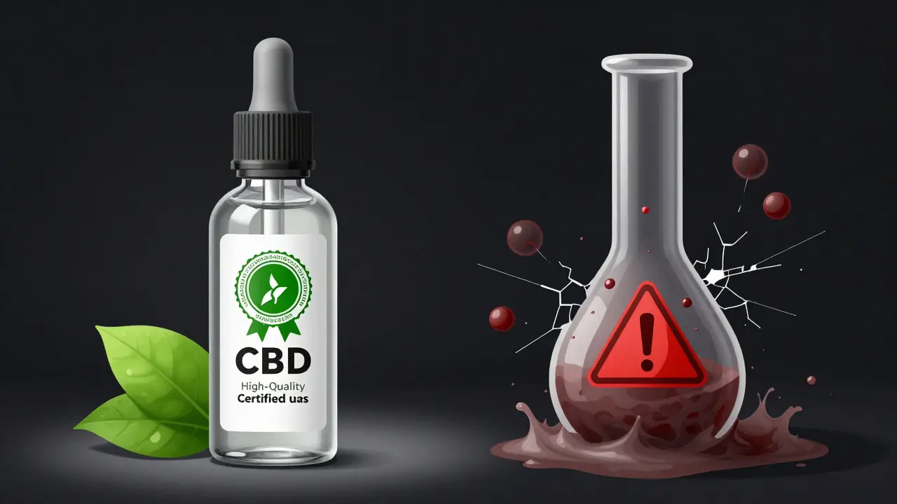 Zwei CBD-Flüssigkeiten im Vergleich: reine, zertifizierte Flüssigkeit vs. schädliche, verunreinigte Variante.