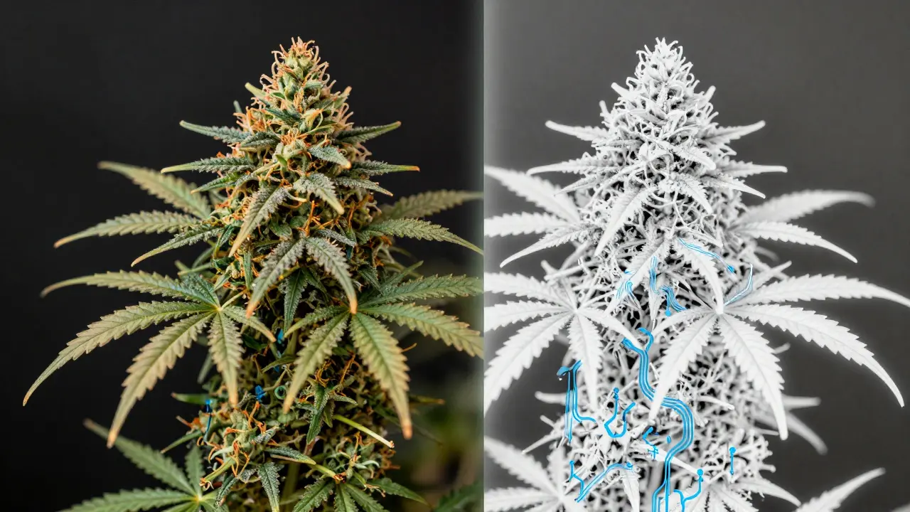 Zwei gegenüberstehende Hanfblüten: eine natürlich mit Resin, die andere chemisch verändert mit synthetischen Mustern.