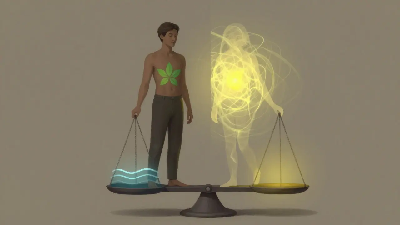 Zwei Gesichter: eines ruhig mit H4CBD, das andere leicht verändert mit Delta-8-Effekten, auf einer Waage.