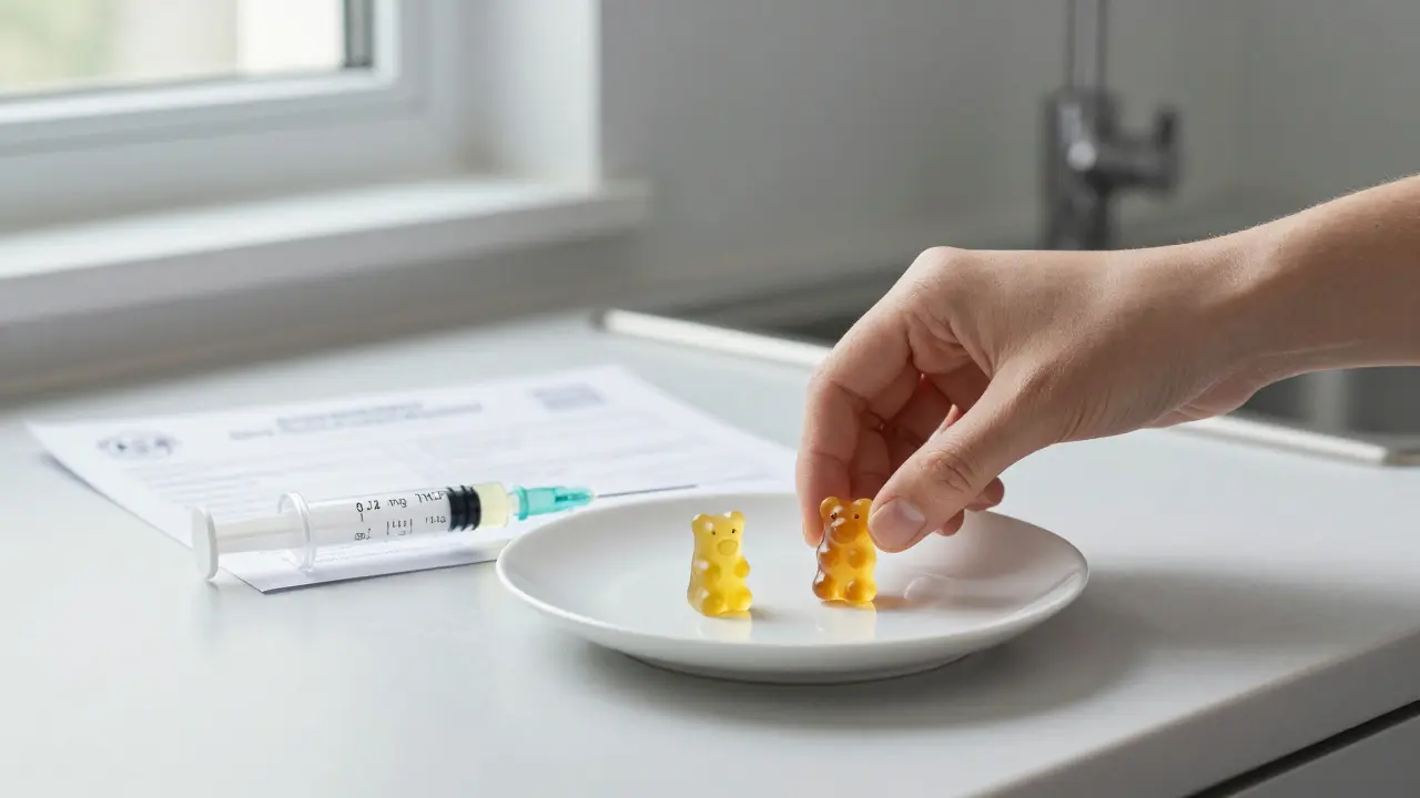 Zwei Gummibärchen und eine präzise Spritze mit 0,2 mg THCP auf einem weißen Teller, neben einem Labortestzertifikat.