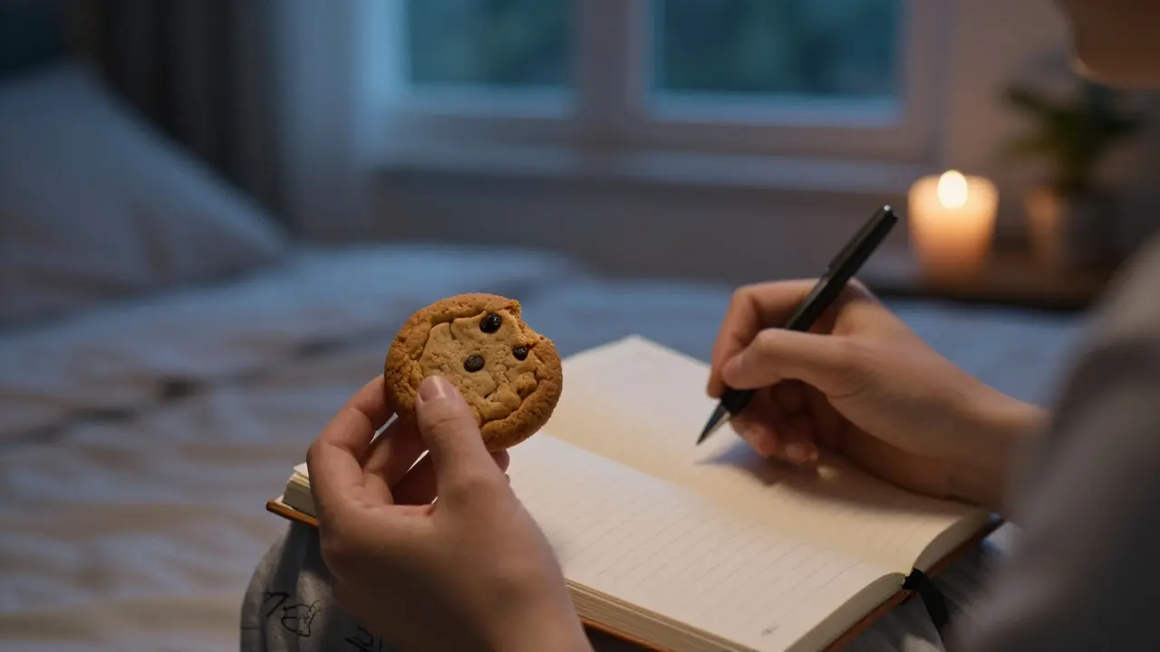 Zwei Hände halten einen CBD-Cookie und ein Tagebuch in abendlichem Licht, ruhige Atmosphäre.