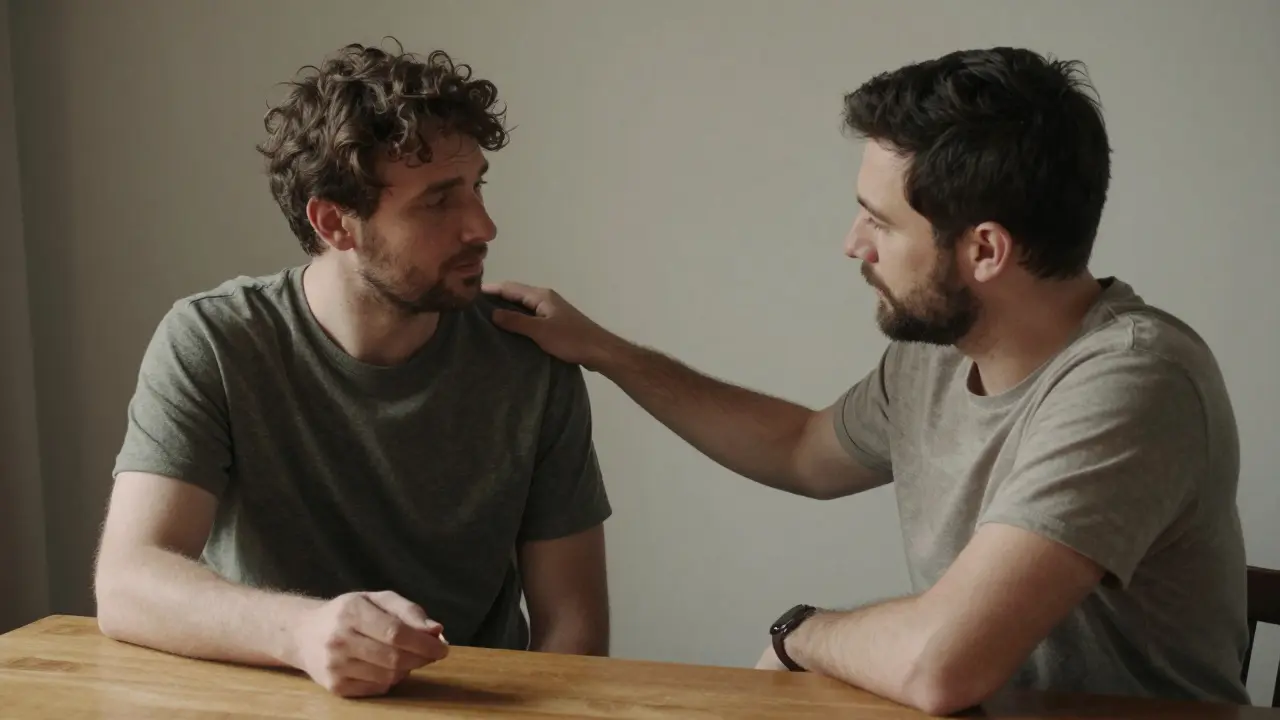 Zwei Männer sitzen sich gegenüber, einer nimmt eine CBD-Kapsel, der andere legt ihm beruhigend die Hand auf die Schulter.