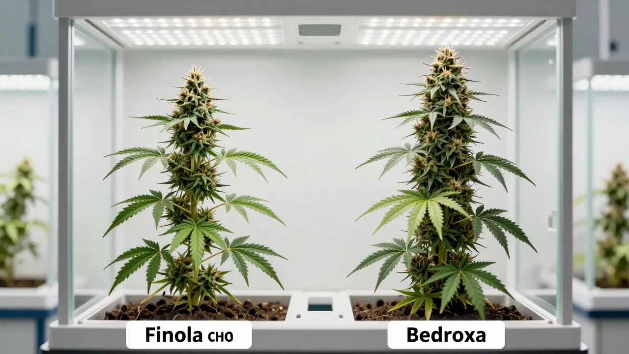 Zwei verschiedene Cannabis-Pflanzen in sterilem Laborumfeld, eine CBD-reich, eine THC-dominant.