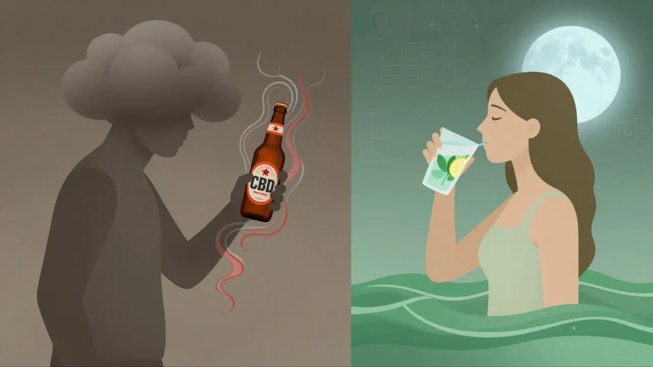 Zwei Wege: einer mit CBD-Bier und Unruhe, einer mit CBD-Limonade und Ruhe, symbolisch dargestellt.