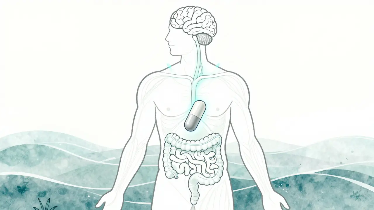 Abstrakte Darstellung des Endocannabinoid-Systems mit einer CBD-Kapsel über dem Körper.