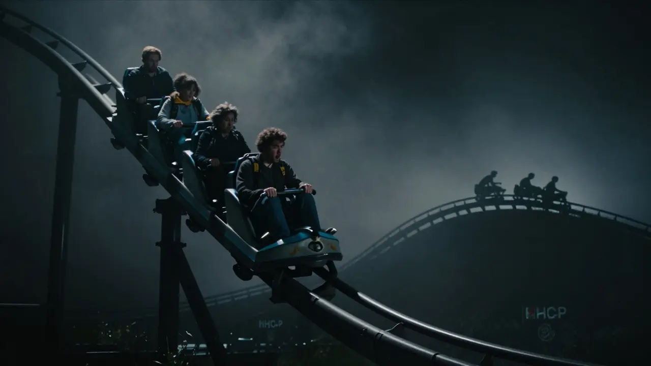 Achterbahn im Dunkeln als Symbol für die unvorhersehbare Wirkung von THCP.