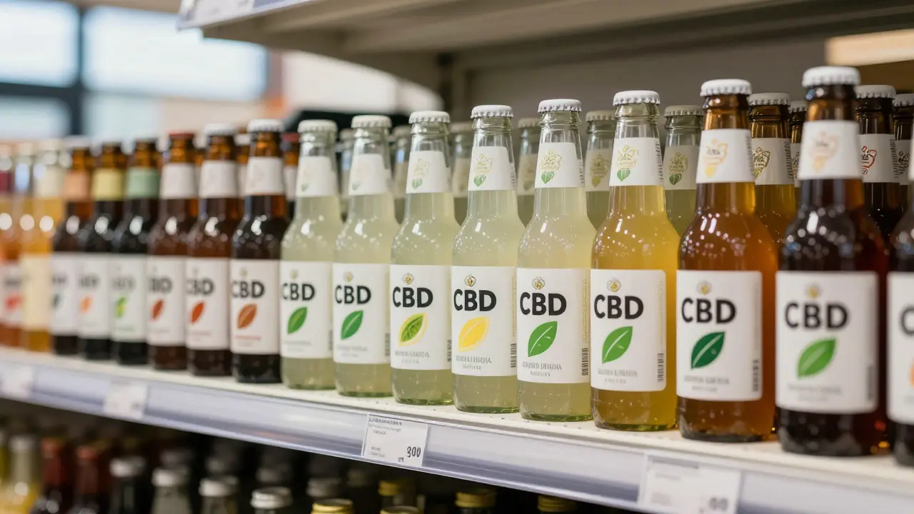 CBD-Getränke in einer deutschen Supermarkt-Getränkeabteilung neben alkoholfreien Bieren.