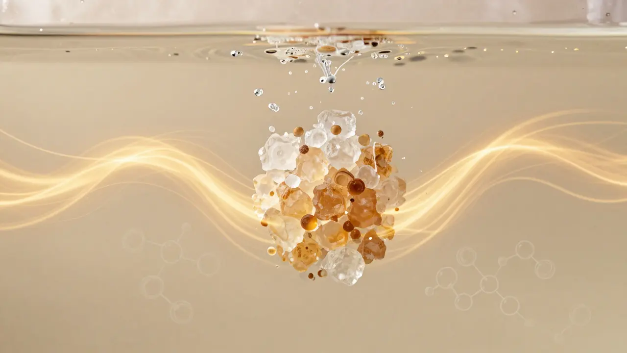 CBD-Kristalle lösen sich in Wasser auf, während entzündungshemmende Wellen durch Gewebe strömen.