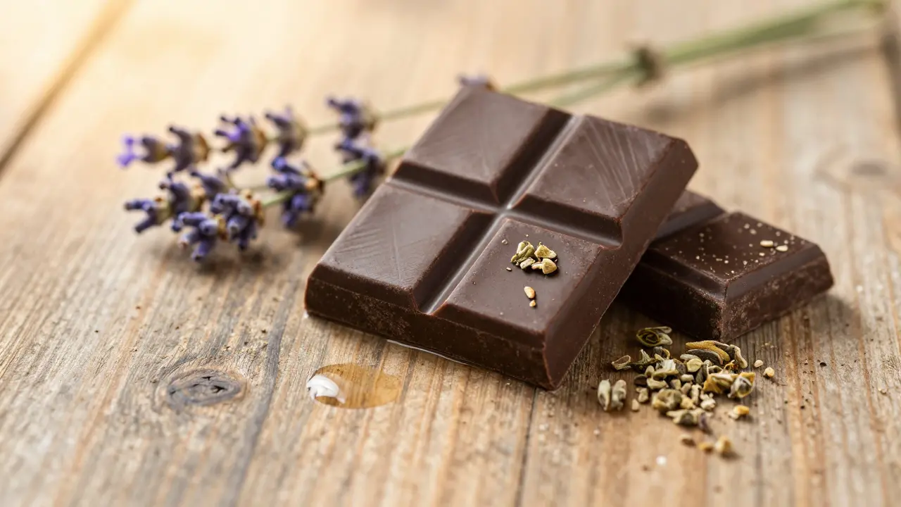 CBD-Schokolade mit Hanfblüten, Lavendel und Kokosnussöl auf Holztisch.