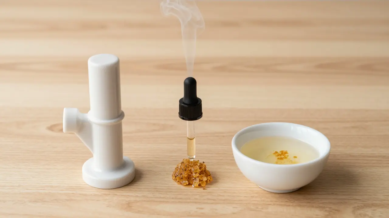 Drei Anwendungsformen von CBD-Crumble: Verdampfen, sublingual und in Kokosöl aufgelöst.