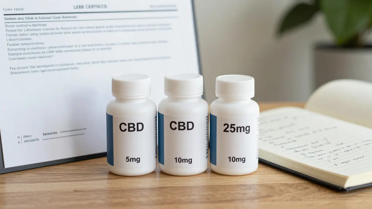 Drei CBD-Kapselnflaschen mit Dosierungen und Laborzertifikat auf Holzoberfläche.