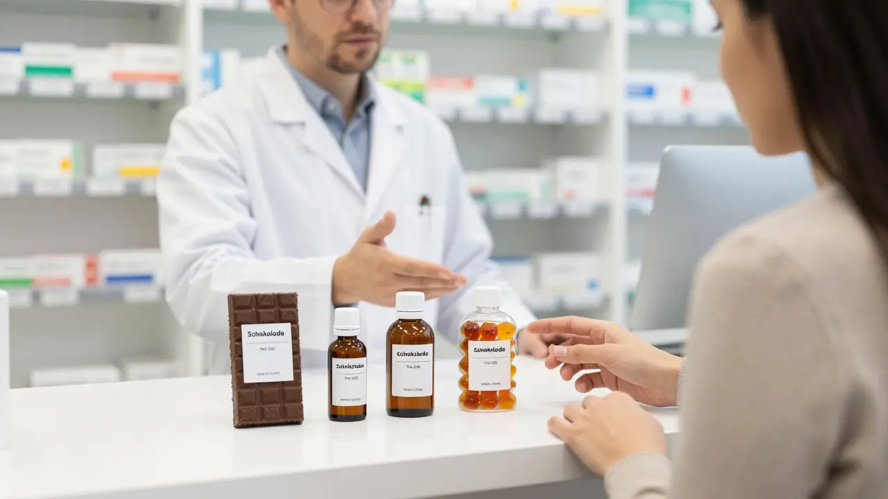 Drei legal gekennzeichnete Cannabis-Edibles in einer deutschen Apotheke, mit klaren Dosierungsangaben.