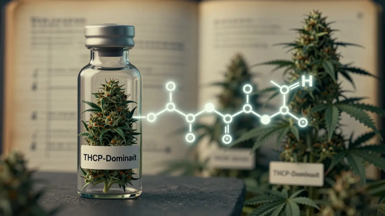Durchsichtige Vase mit THCP-haltiger Cannabisblüte und einer leuchtenden 7-Atom-Seitenkette, umgeben von unscharfen, unechten Pflanzen.