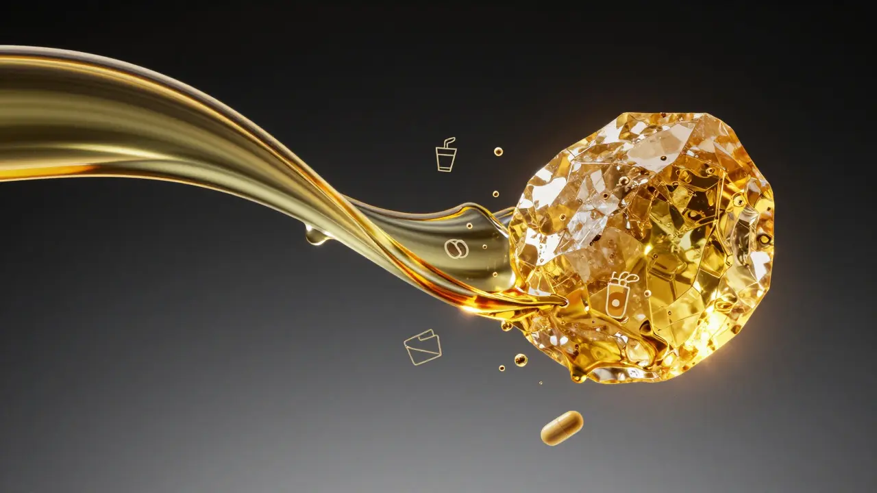 Ein kristallines CBD-Partikel verwandelt sich in flüssiges Öl, das in verschiedene Anwendungen fließt.