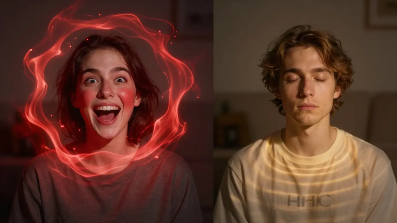 Ein Mensch mit zwei Gesichtern: intensives High links, ruhige Wirkung rechts.