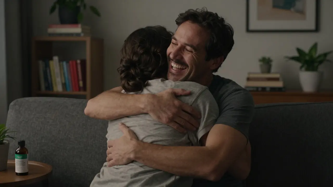 Ein Paar umarmt sich liebevoll in einem gemütlichen Wohnzimmer, CBD-Öl steht neben ihnen auf dem Tisch.