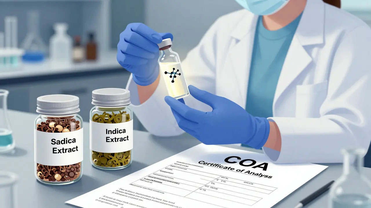 Ein Wissenschaftler untersucht ein CBD-Isolat neben Extrakten aus Indica- und Sativa-Pflanzen, mit einem Laborbericht auf dem Tisch.