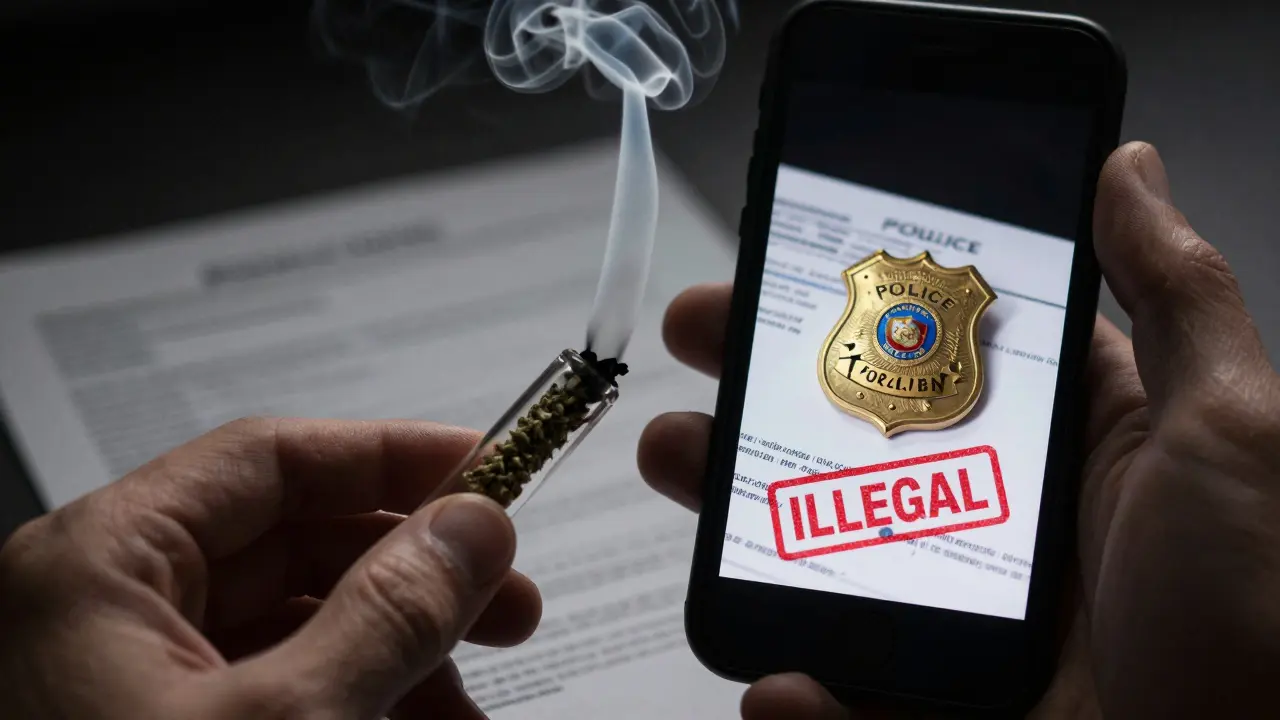 Eine Hand hält eine Pfeife mit rauchenden HHC-Blüten, im Spiegelbild ist ein Polizeisiegel sichtbar.