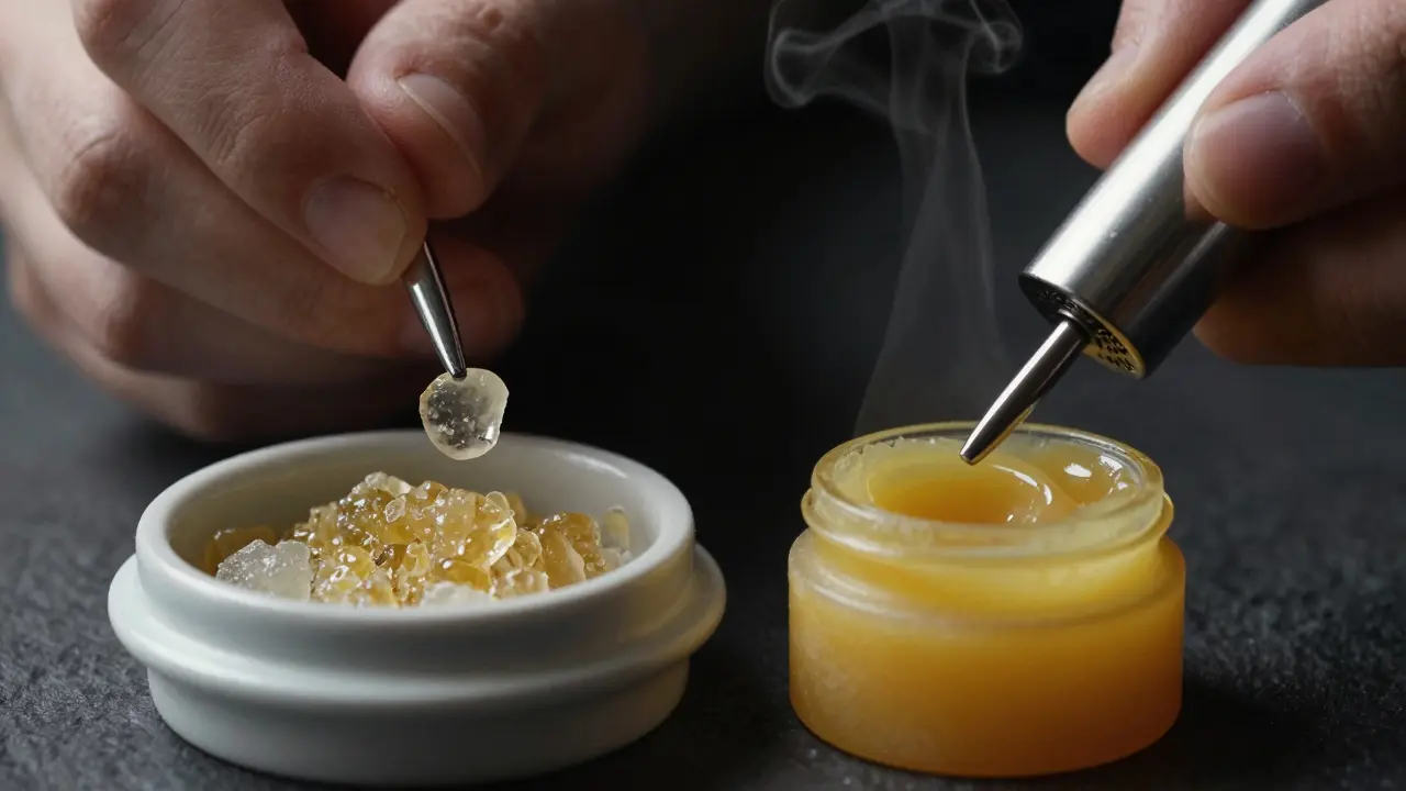 Eine Hand hebt CBD-Shatter mit einem Werkzeug auf, während daneben CBD-Wachs erwärmt wird.