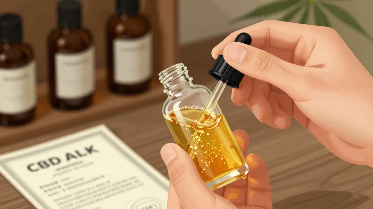 Eine Hand schüttelt eine CBD-Flasche, nachdem das Öl wieder flüssig geworden ist.