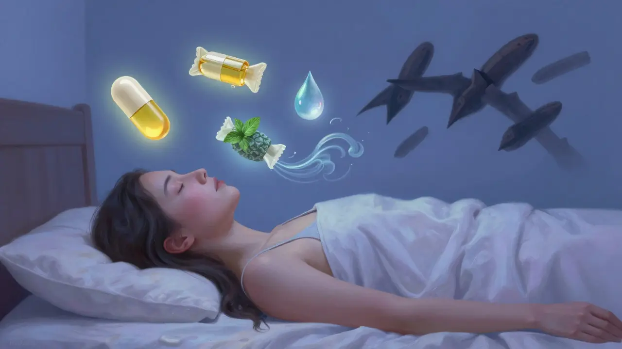 Eine Person entspannt auf einem Bett, umgeben von symbolischen CBD- und Wasser-Elementen in beruhigenden Farben.