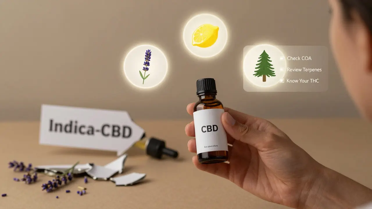 Eine Person hält ein CBD-Öl, umgeben von Terpen-Symbolen, während ein kaputter 'Indica-CBD'-Aufkleber am Boden liegt.