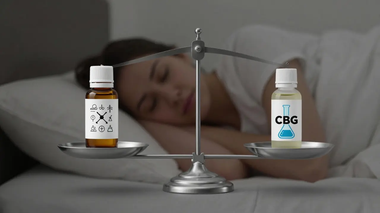 Eine Waage vergleicht CBD und CBG als ergänzende Ansätze zur Linderung von Fibromyalgie-Symptomen.