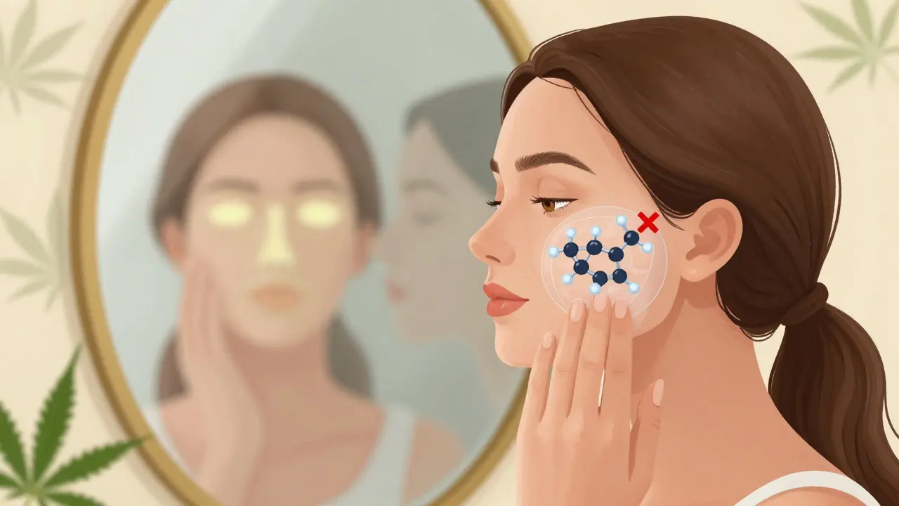 Frau trägt CBD-Creme auf, transparente Moleküle zeigen CBD-Wirkung auf Hautzellen, THC ist durch ein rotes X markiert.