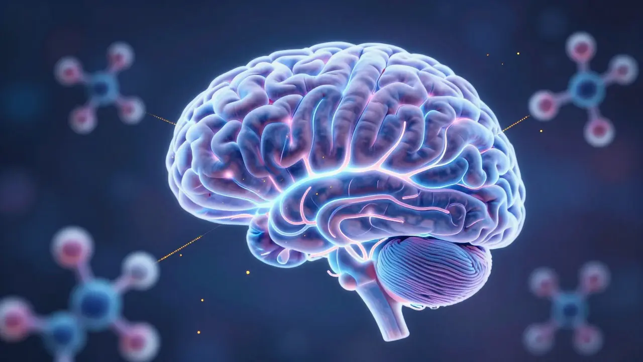 Gehirn mit schillernden CBD-Molekülen, die das Endocannabinoid-System beeinflussen.