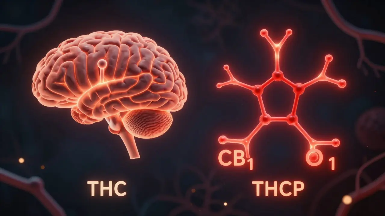 Gehirn mit zwei Cannabinoid-Wegen: THC und THCP, bindend an Rezeptoren.