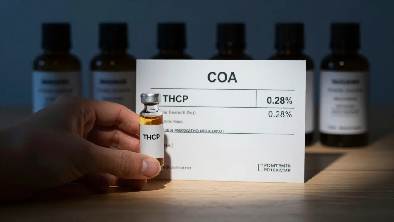 Hand hält eine THCP-Cannabisöl-Vial neben einem Laborzertifikat, während fahle, unlautere Produkte im Hintergrund verschwinden.