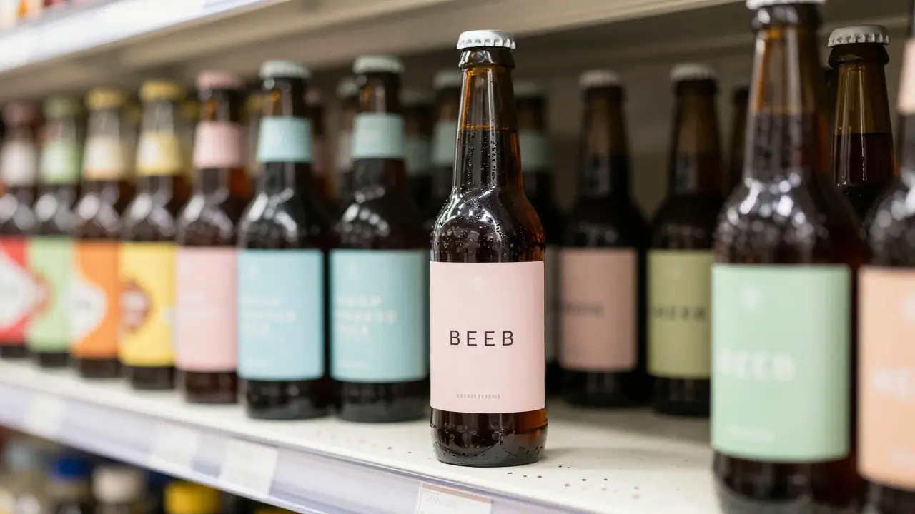 Hanfsamen-Bier-Flasche in Supermarktregal