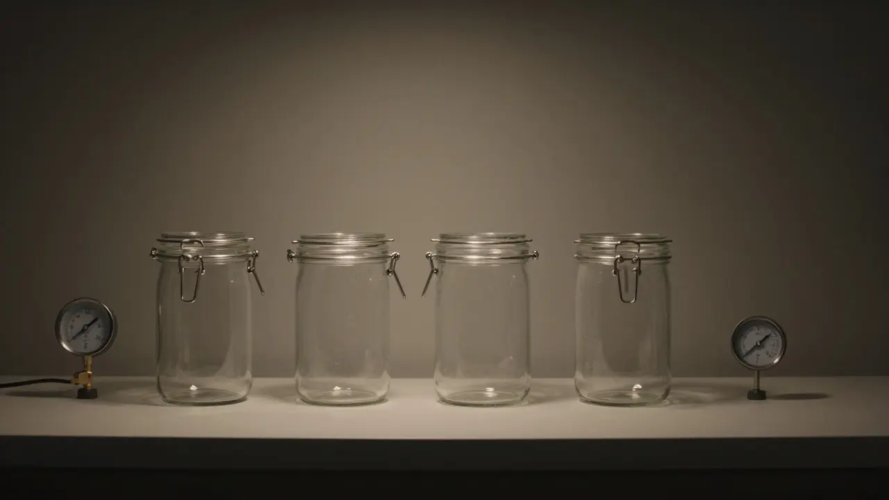 Kühler Lagerraum mit Vakuumgläsern und Feuchtigkeitskontrolle.