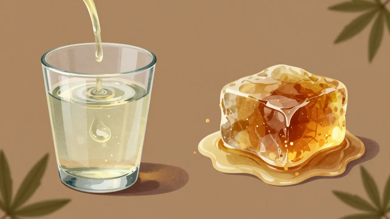 Künstlerische Darstellung von CBD-Öl als Flüssigkeit und CBD-Wachs als Eisblock mit Hanf-Muster.