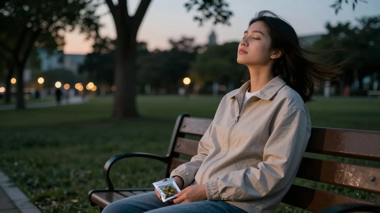 Mensch sitzt ruhig auf einer Parkbank bei Dämmerung, atmet tief und ist in Meditation.