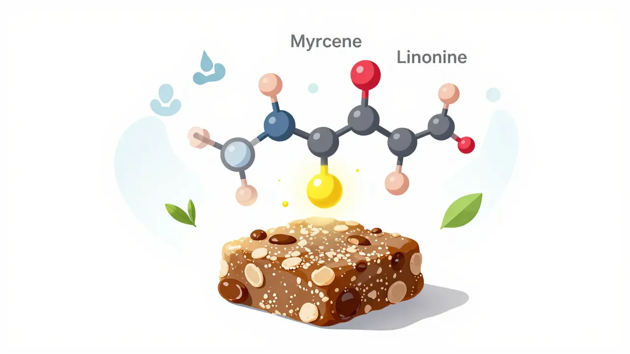 Molekulare Struktur von CBD mit darstellenden Terpenen Myrcen, Limonen und Linalool in abstrakter Form.