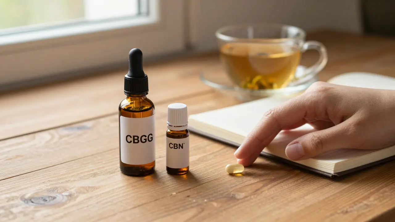 Natürliche Anordnung von CBD-, CBG- und CBN-Produkten auf Holztisch mit Tee und Journal.