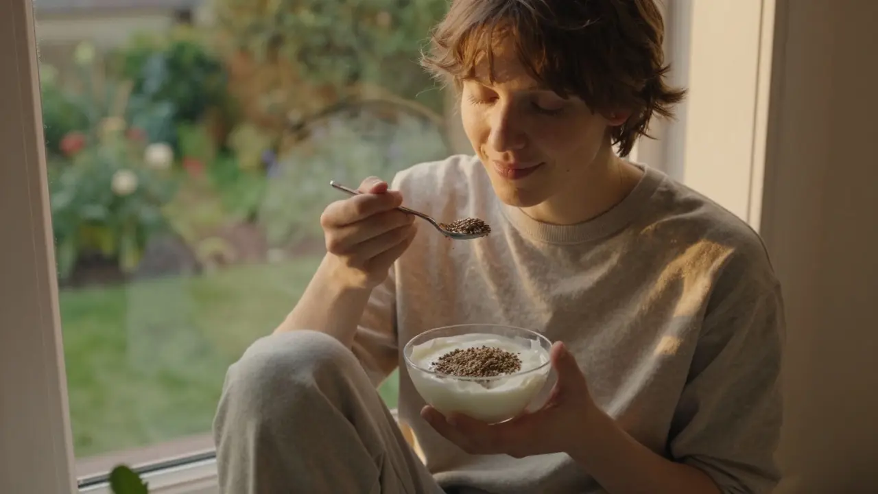Person genießt morgens Hanfsamen-Joghurt am Fenster, ruhig und zufrieden, sanftes Morgenlicht.