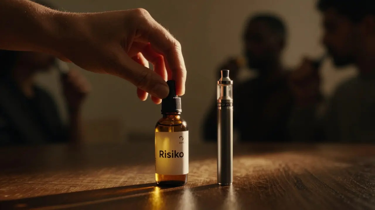 Person legt Vape-Pen weg und nimmt stattdessen CBD-Öl unter die Zunge – sichere Alternative.