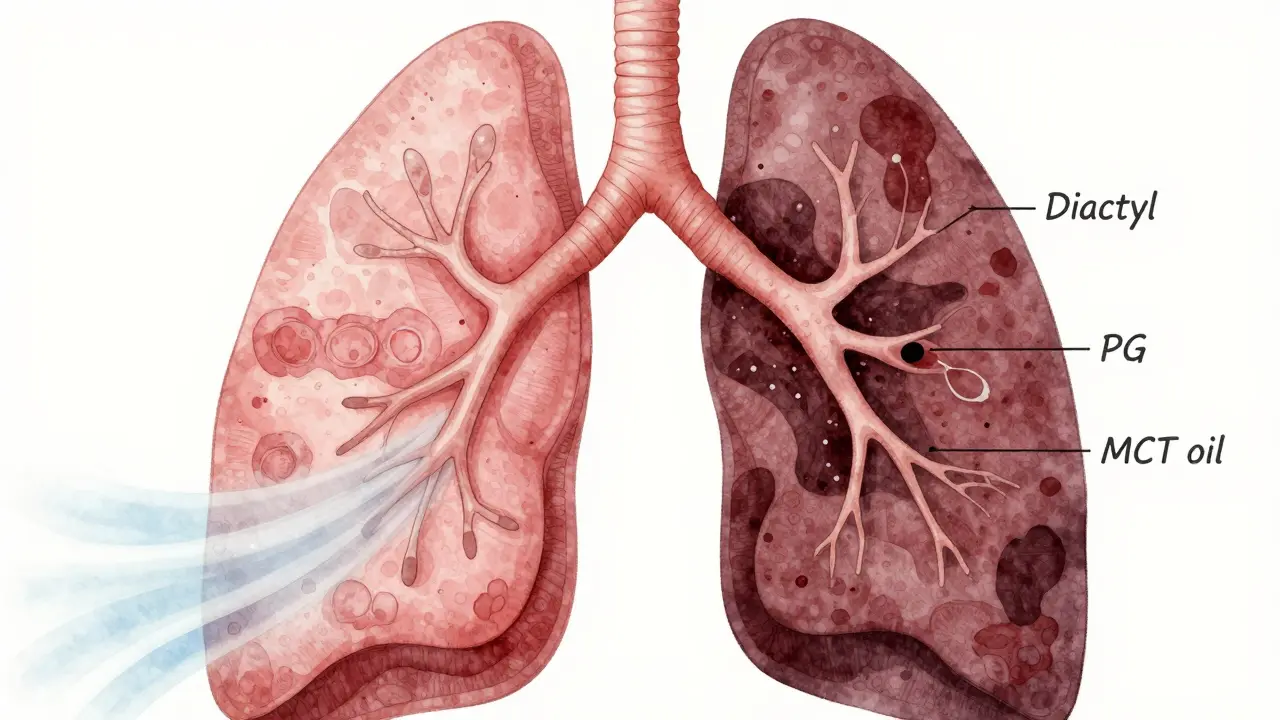 Querschnitt der Lunge mit gesundem Gewebe auf einer Seite und Entzündungen durch chemische Partikel auf der anderen.