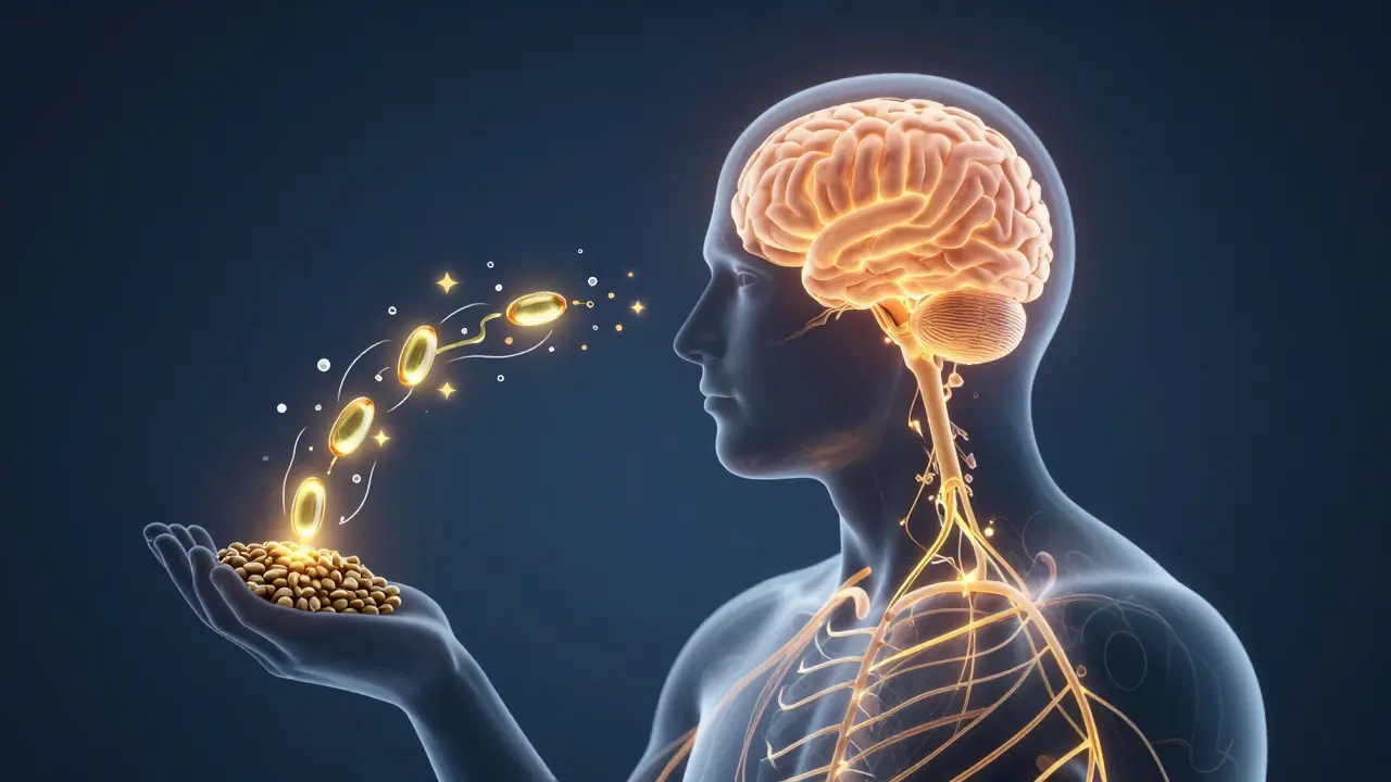 Transparente menschliche Silhouette mit goldenen Omega-3- und Magnesium-Strömen, die von Hanfsamen zum Gehirn fließen.