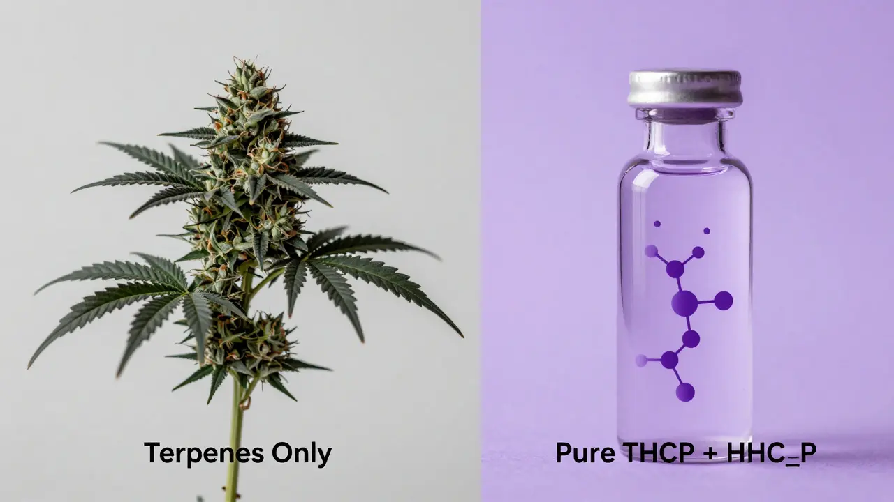 Vergleich: Indica-Pflanze neben reiner Cannabinoid-Mischung ohne Pflanzenbestandteile.