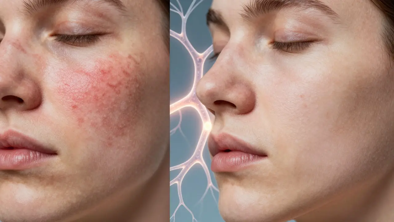 Vorher-Nachher-Vergleich: gereizte Haut wird beruhigt, neuronale Verbindungen leuchten sanft.
