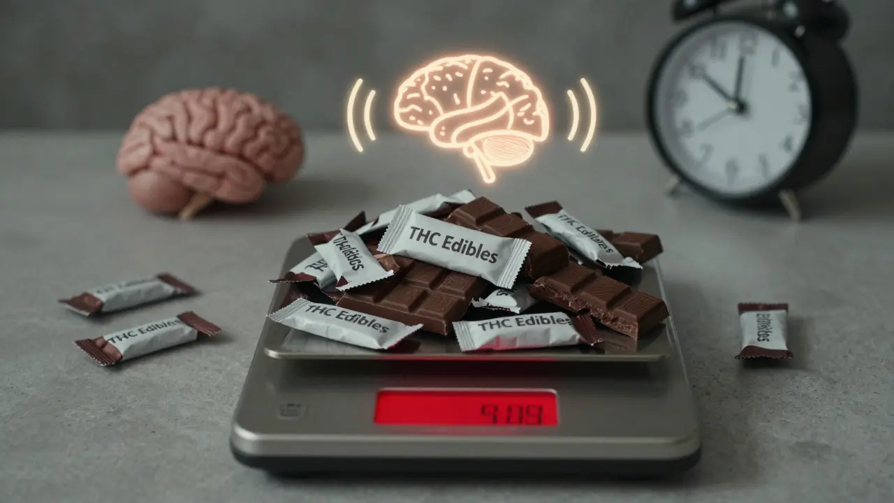 Waage kippt unter Süßigkeiten-Verpackungen, mit einem darunterliegenden Gehirn, das Hunger signaliert.