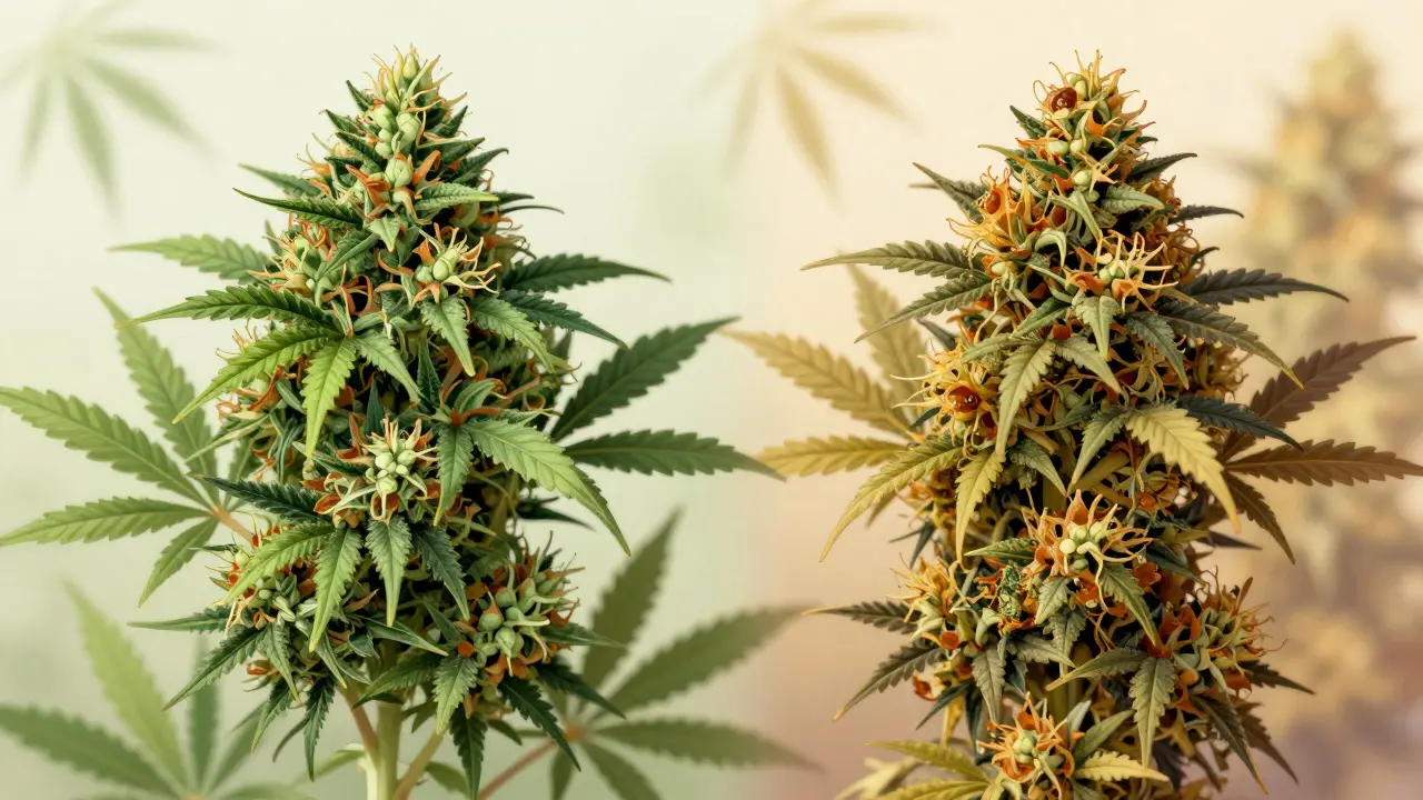 Zwei Cannabis-Sorten im Vergleich: frisch (grün) und gealtert (bernsteinfarben).