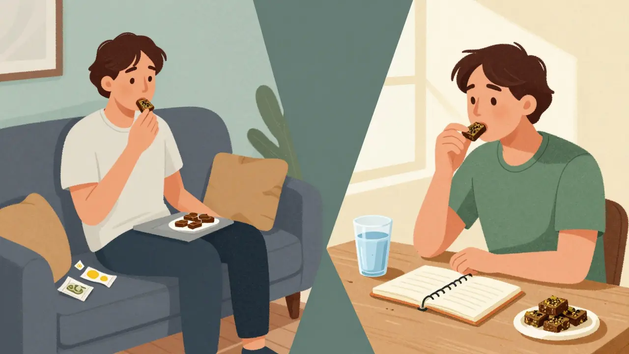 Zwei Szenen zeigen bewusstes und unbewusstes Essen von Cannabis-Süßigkeiten mit unterschiedlichem Hintergrund.