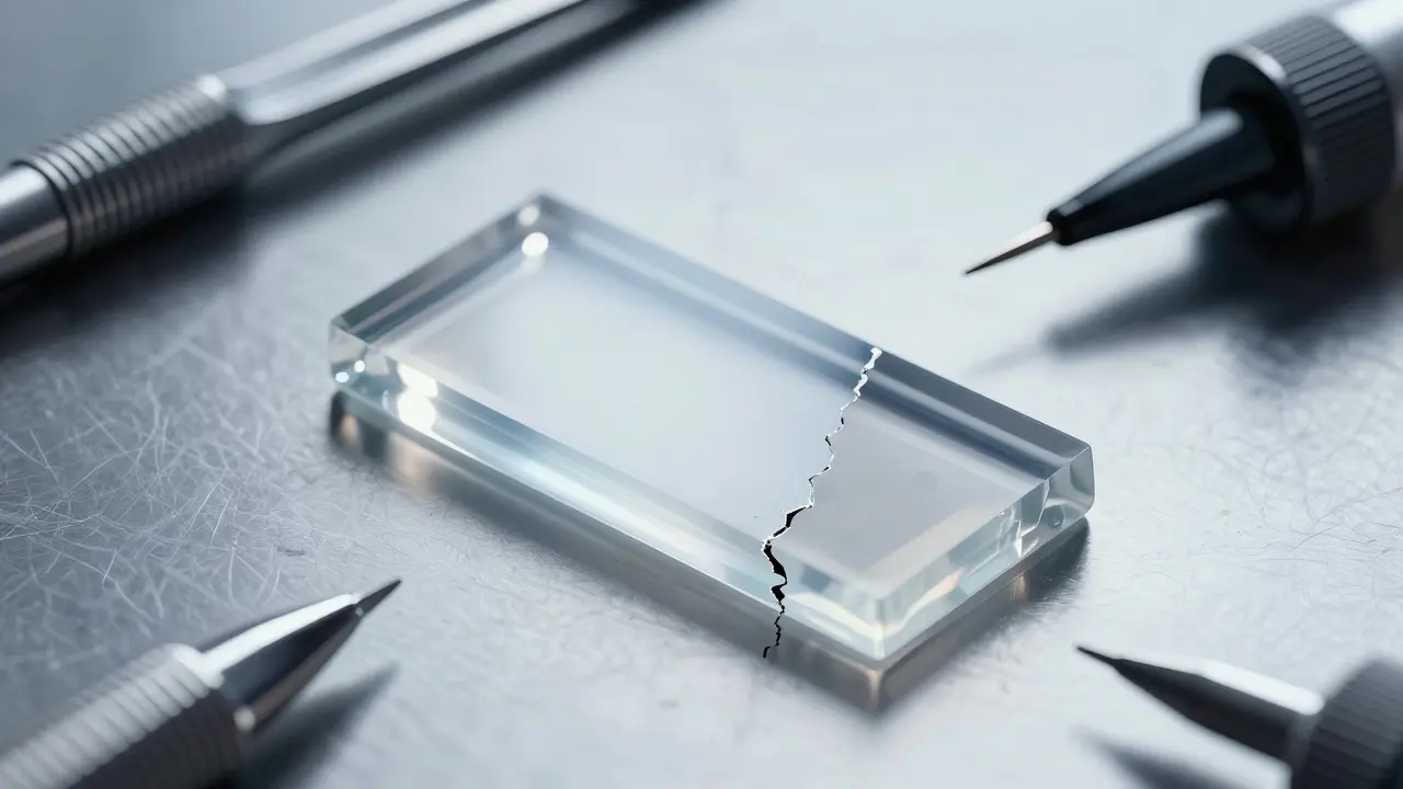 CBD Shatter als durchscheinende, glasartige Platte mit Bruchstelle und Dabber-Werkzeug.