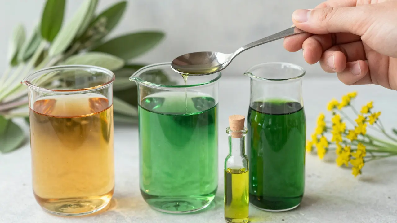 Drei Gläser mit Wermuttee, modernem Absinth und ätherischem Wermutöl – vergleichende Darstellung der Konzentrationen.